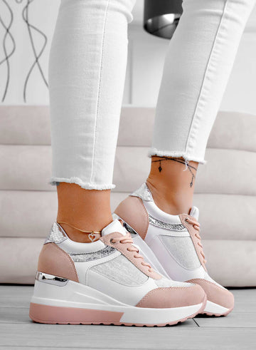 Baskets roses avec empiècements en tissu pailleté argenté