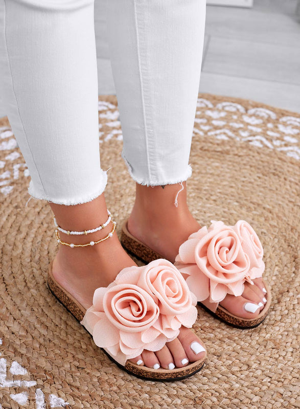 SUMMER - Chaussons sandales roses à fleurs appliquées