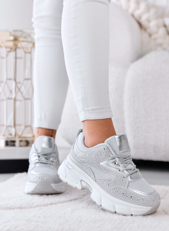 MARTINA - Zapatillas grises con strass y suela plataforma chunky