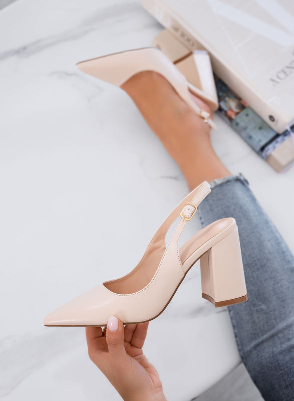 ANGELICA - Décolleté slingback beige a punta con tacco largo