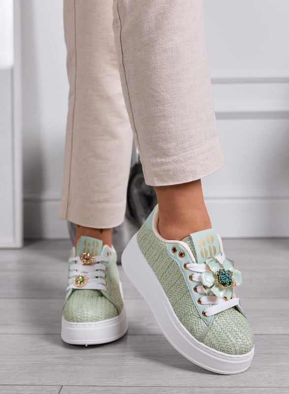 DOROTY - Baskets Vert Menthe avec Applications Fleur Bijou et Semelle Plateforme