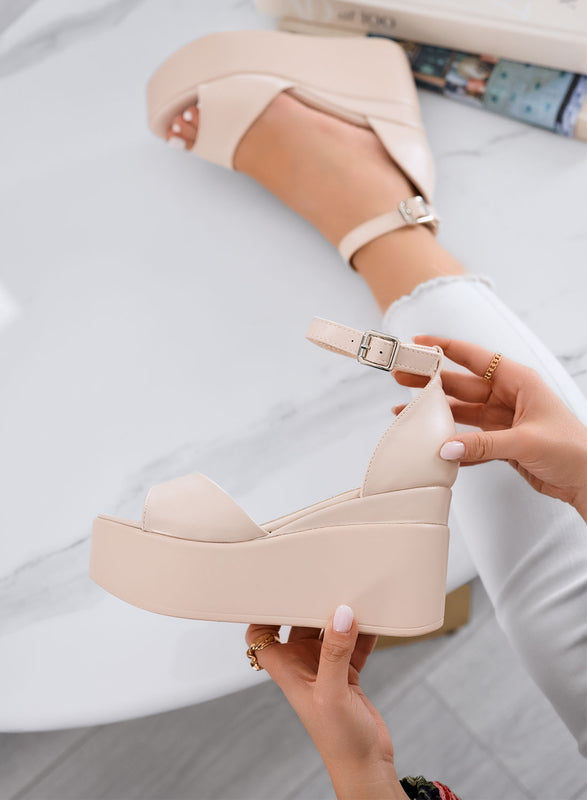 PENNY - Sandali beige platform con cinturino alla caviglia
