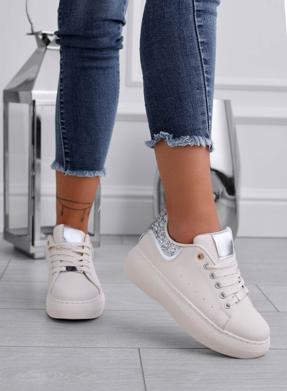 ZORA - Beige sneakers with silver glitter heel