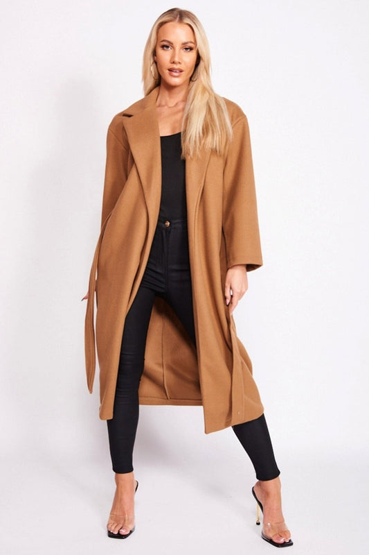 Cappotto lungo camel con laccio in vita