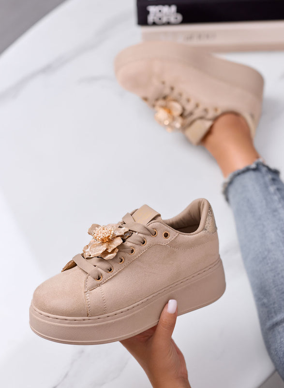 ORNELLA - Beige Platform Loafer Sneakers with Fringes and Beads