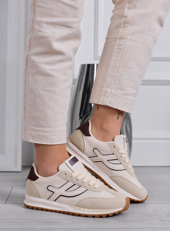 MONICA - Sneakers beige con inserti bianchi e lacci panna