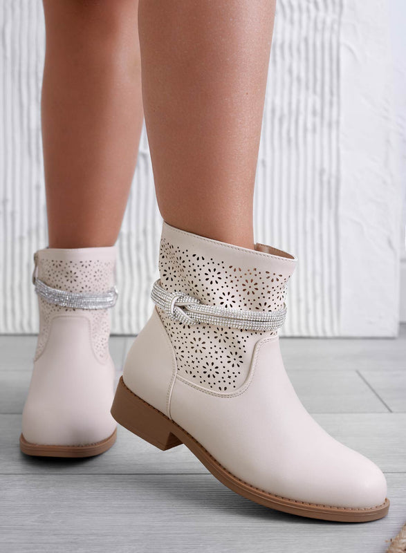 KATE - Bottines perforées beige avec bande bijou