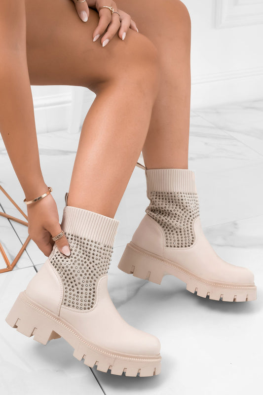 JOLE - Bottines beiges en tissu élastique et strass