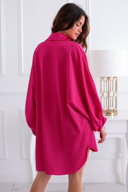 Robe chemise maxi en satin fuxia