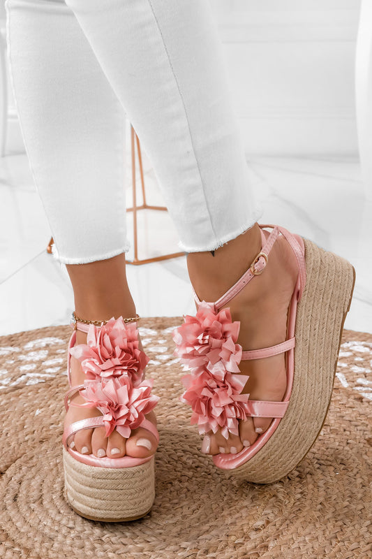 JANIS - Sandales à espadrilles en satin rose avec fleur appliquée