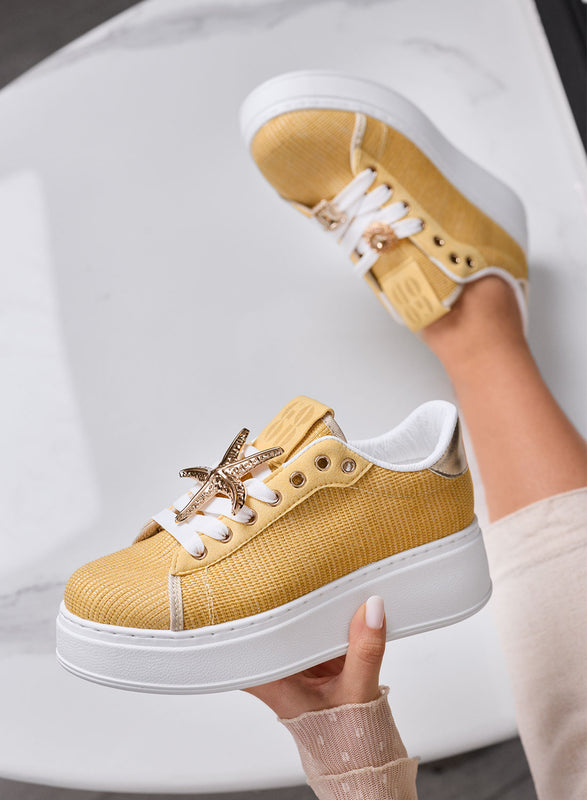 LINDA - Sneakers gialle con Applicazioni Gioiello oro e Suola Platform