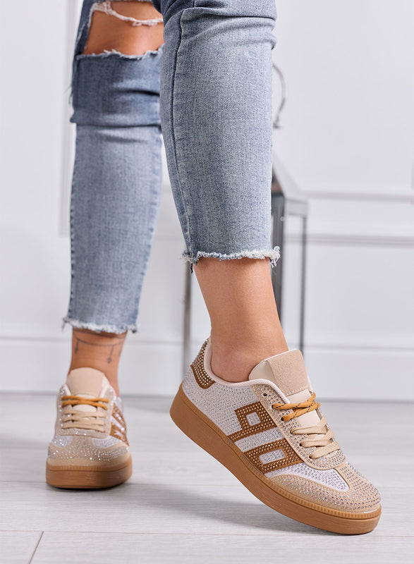 SIDNEY - Sneakers Donna Beige con Strass e Dettagli camel