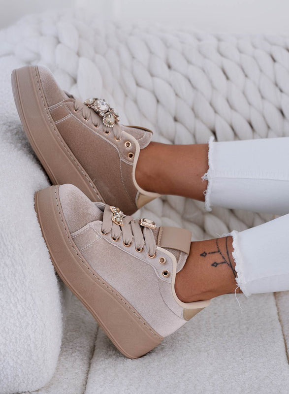 MILA - Beige velvet sneakers with jewel embellishment