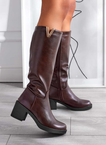 ALICE - Bottes marron en similicuir avec talon large confortable