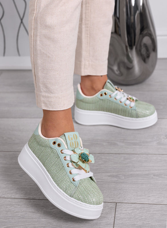 DOROTY - Baskets Vert Menthe avec Applications Fleur Bijou et Semelle Plateforme
