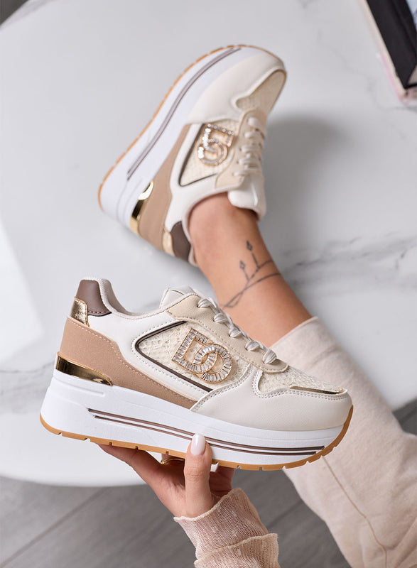 ESTER - Zapatillas beige con plataforma, detalles marrones y logotipo joya