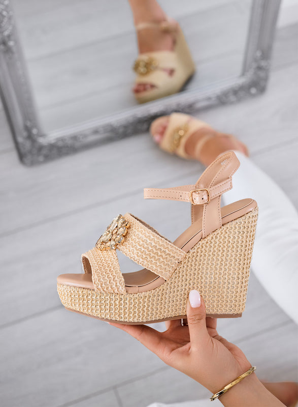 SABRINA - Sandales beiges Compensées avec bride et maxi strass