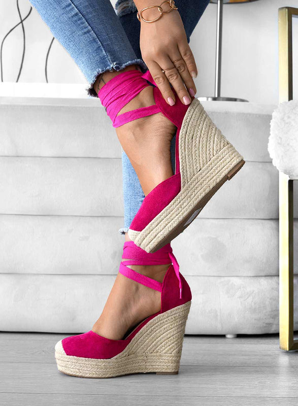 AMBRA - Espadrilles fuchsia compensées en corde et dentelle