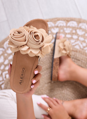 ÉTÉ - Sandales beige à enfiler avec fleurs appliquées