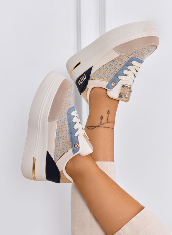 CAMILLA - Baskets bleues à plateforme avec empiècements en tissu beige
