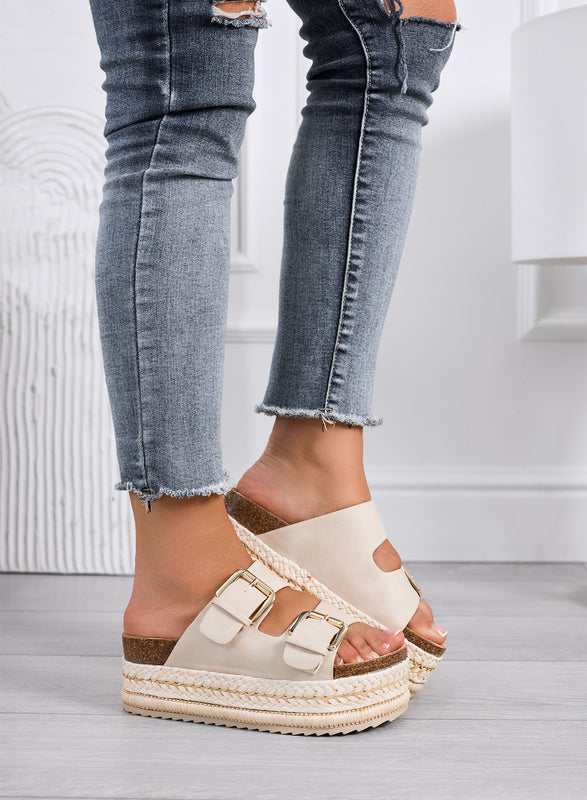 DANIEL - Sandales beige à plateforme, double boucle et semelle en corde