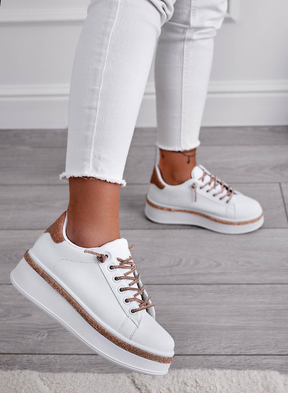 FRANKIE - Baskets blanches à lacets bijou rose gold