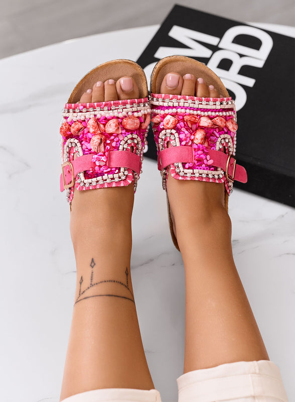 POLLY - Sandales mules fuchsia avec applications et boucle dorée