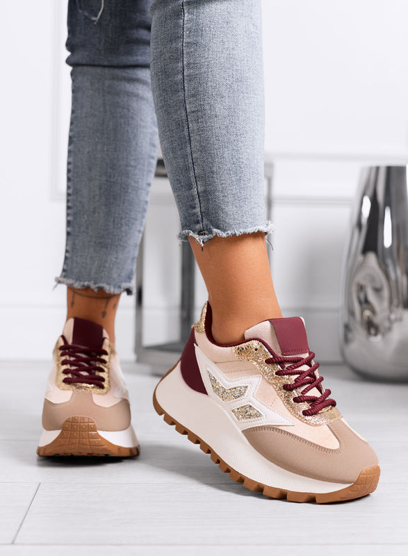 CLARISSA - Sneakers beige e bordeaux con dettaglio glitter e suola spessa