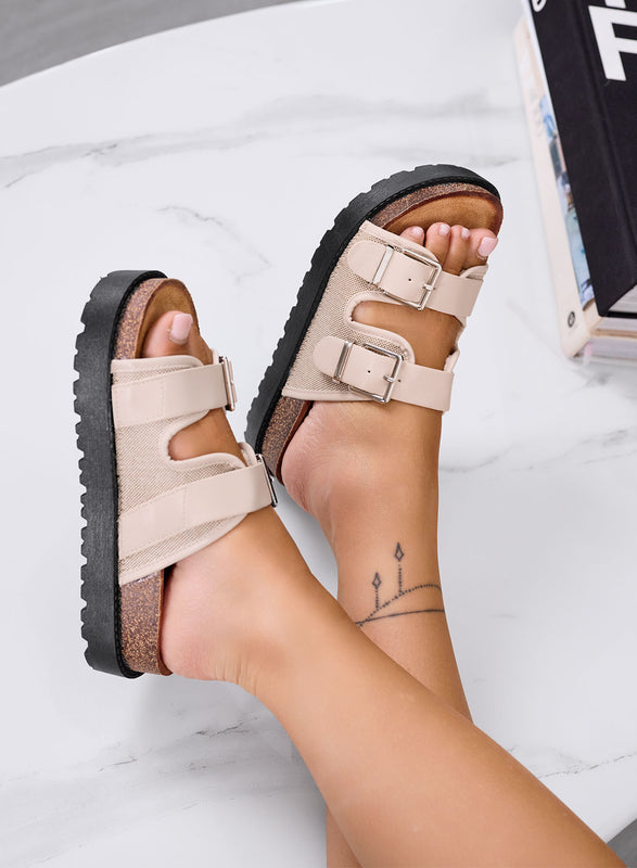 GOMEZ - Sandales mules à plateforme beige avec double boucle