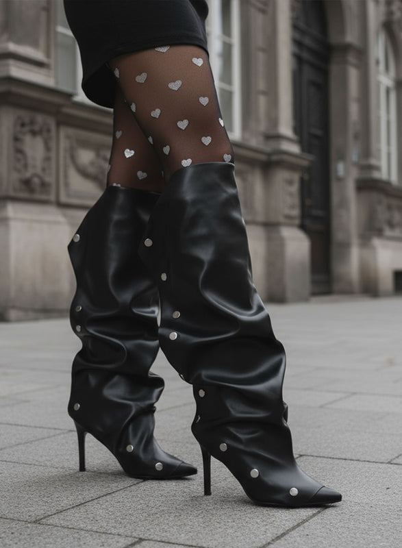 BENNY - Bottes hautes noires plissées à talon aiguille