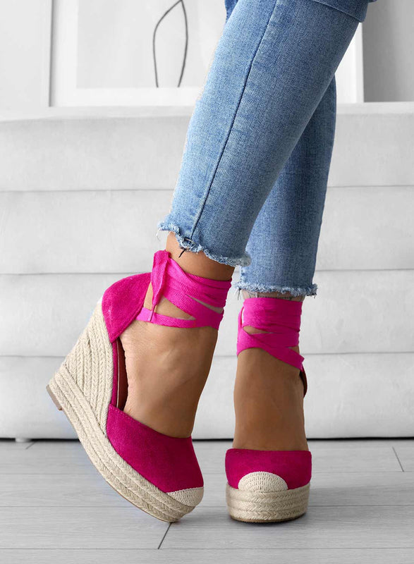 AMBRA - Espadrilles fuchsia compensées en corde et dentelle