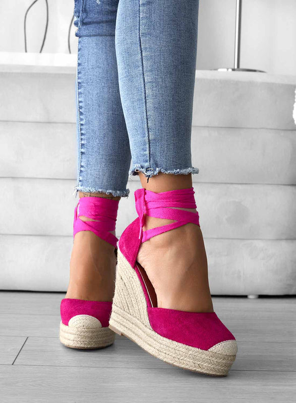 AMBRA - Espadrilles fuchsia compensées en corde et dentelle