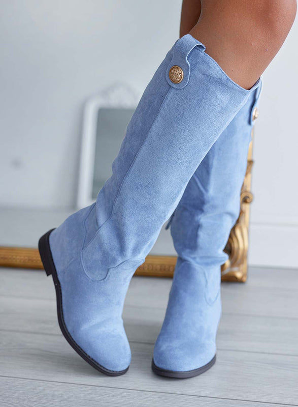 ROYAL - Bottes Alexoo bleu clair avec talon compensé intérieur et bouton doré