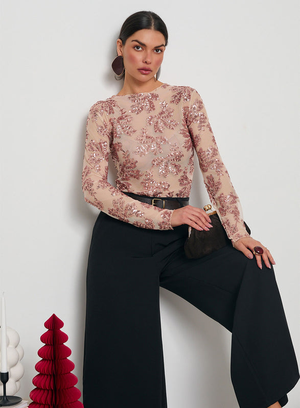 Maglia body nude trasparenti con dettagli in paillettes