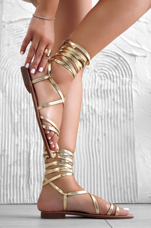 Gold lace-up flat sandals