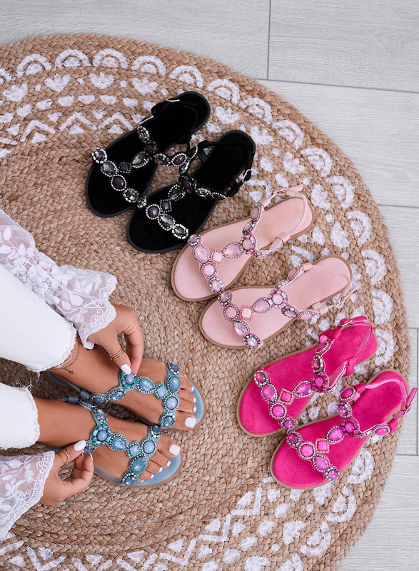 BETHANY - Light blue flat sandals with jeweled stones