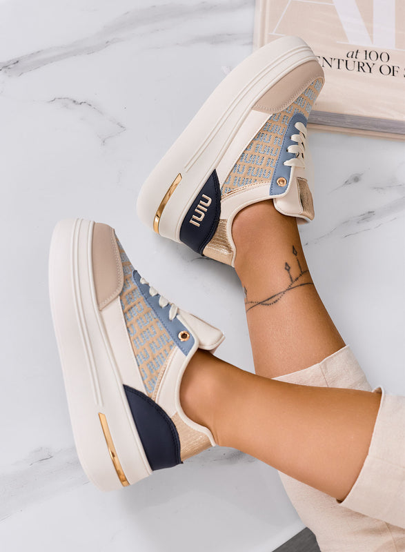 CAMILLA - Baskets bleues à plateforme avec empiècements en tissu beige