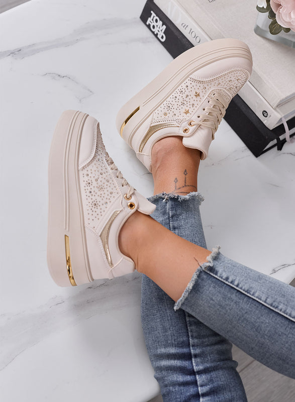 MELANIA - Sneakers Donna beige con Strass, Stelline e Suola Platform