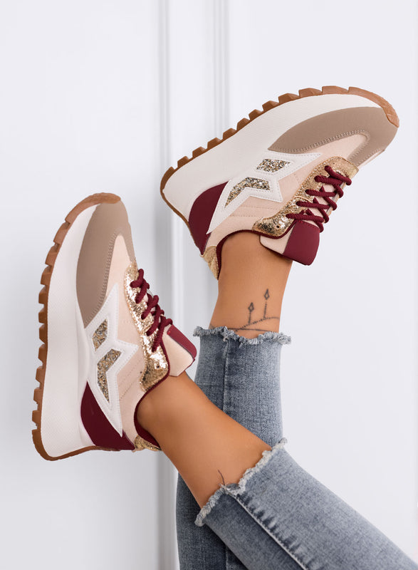 CLARISSA - Sneakers beige e bordeaux con dettaglio glitter e suola spessa