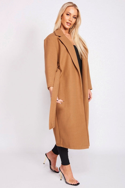 Cappotto lungo camel con laccio in vita