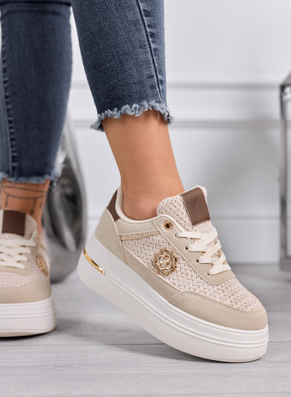 CLARA - Baskets beiges à plateforme avec inserts tressés et détails dorés