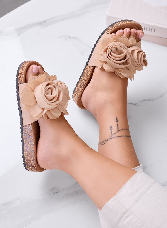 ÉTÉ - Sandales beige à enfiler avec fleurs appliquées