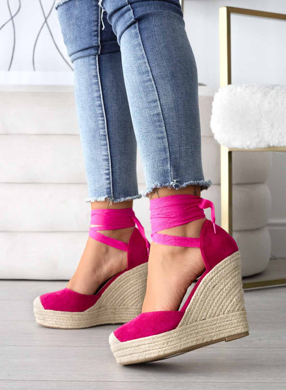 AMBRA - Espadrilles fuchsia compensées en corde et dentelle