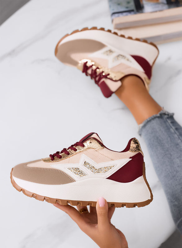 CLARISSA - Sneakers beige e bordeaux con dettaglio glitter e suola spessa
