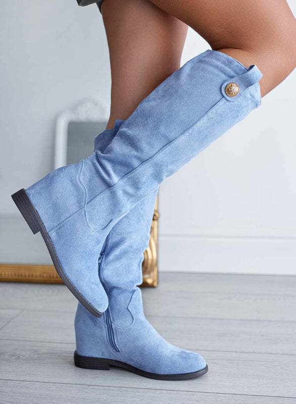 ROYAL - Bottes Alexoo bleu clair avec talon compensé intérieur et bouton doré