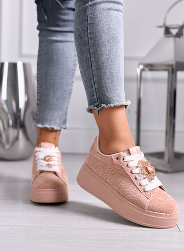 NINFA - Pink platform sneakers in laminated fabric with jewel embellishment