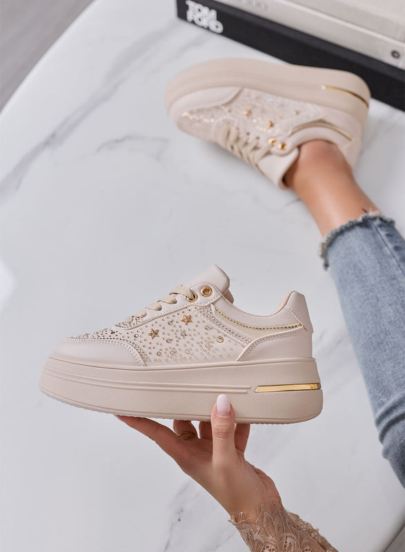 MELANIA - Sneakers Donna beige con Strass, Stelline e Suola Platform