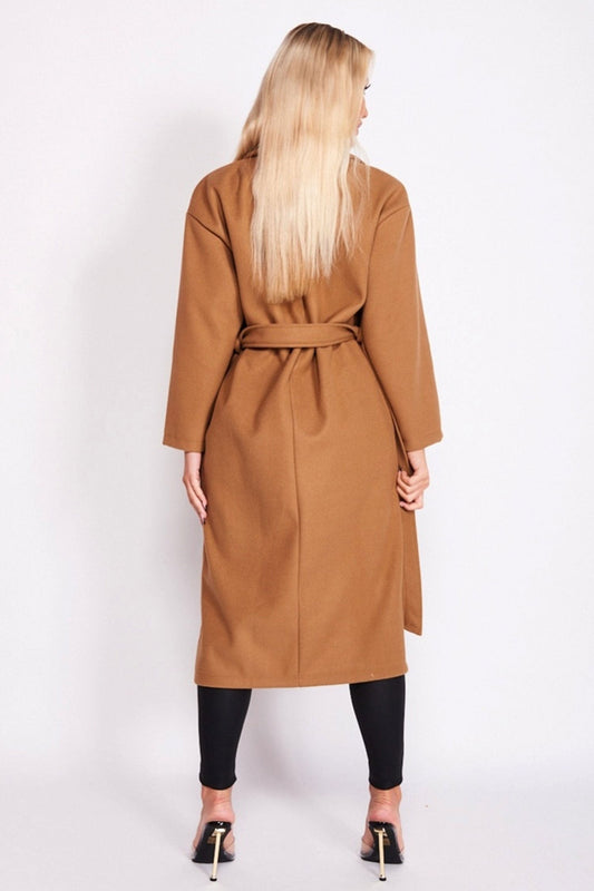 Cappotto lungo camel con laccio in vita