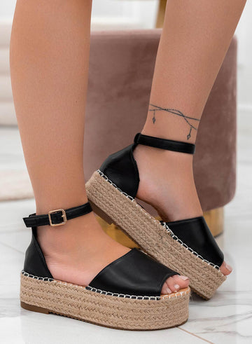 LICIA - Espadrilles noires en similicuir avec semelle compensée et bride