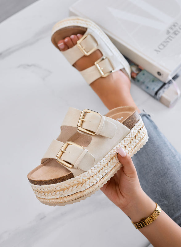 DANIEL - Sandales beige à plateforme, double boucle et semelle en corde